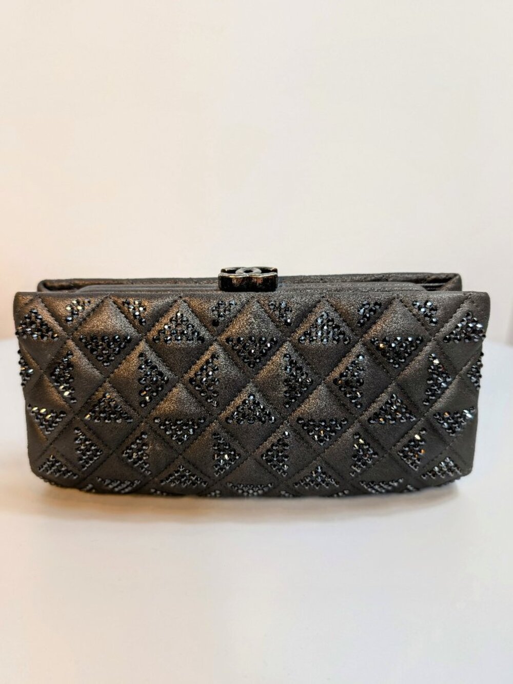 Chanel Timeless Grey Crystal-Studded Suede Diamond-Quilted Clutch